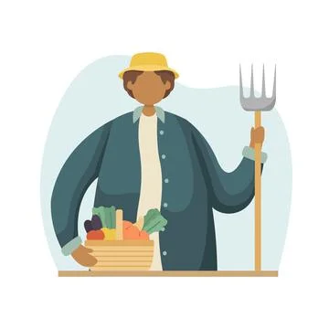 Vector illustration of a farmer with a pitchfork in his hand and a basket of  Illustrazione stock