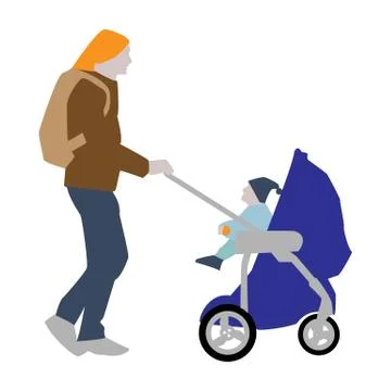 Vector illustration of a father with a backpack carries a child in a stroller Illustrazione stock