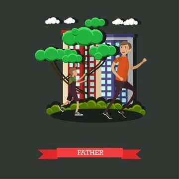 Vector illustration of father jogging with his son, flat style Stock Illustration