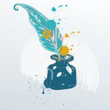Vector illustration of feather quill pen standing in the bottle of ink Stock Illustration