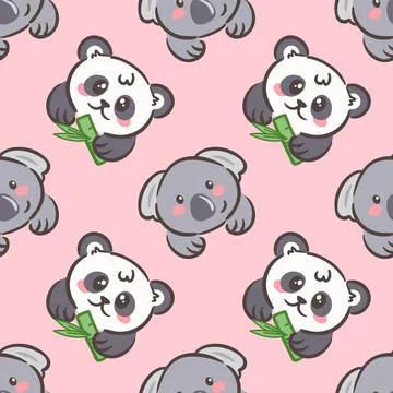 Vector illustration features a charming seamless pattern of cute pandas and Stock Illustration