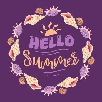 Vector illustration features a playful lettered, Hello Summer, surrounded by a Stock Illustration