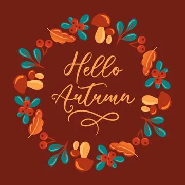 Vector illustration features a round wreath composed of mushrooms, leaves, and Stock Illustration