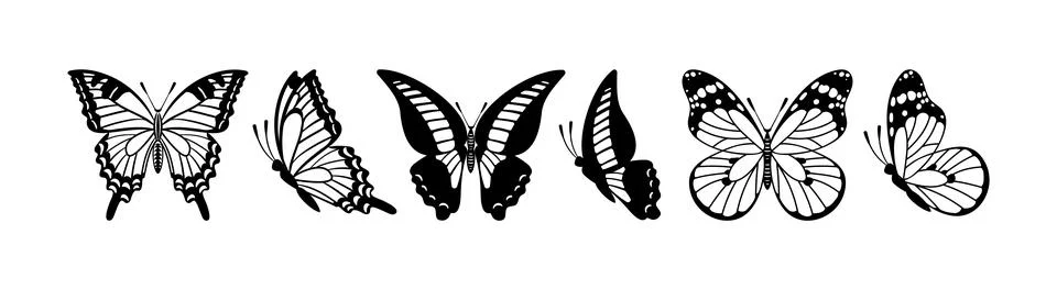 This vector illustration features a set of butterfly silhouettes, including D Stock Illustration