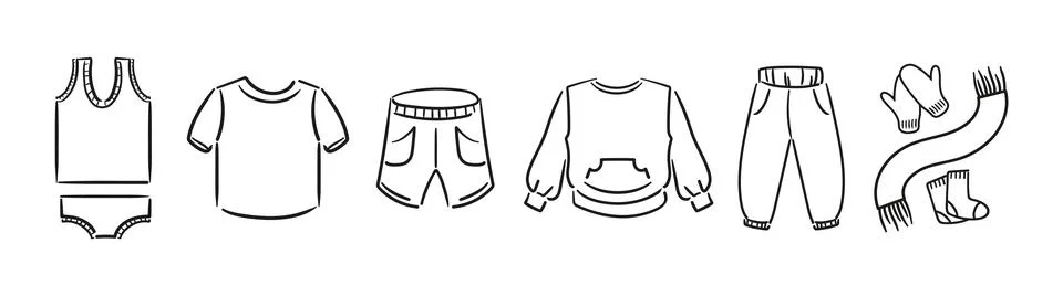 Vector illustration features a stylish set of clothing sketches including t.. Stock Illustration