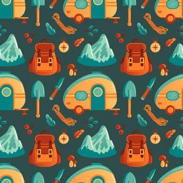 Vector illustration features a vibrant camping-themed pattern with elements like 스톡 일러스트
