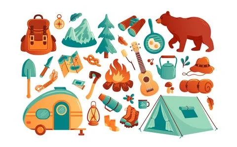 A vector illustration featuring an array of camping adventure icons, showca.. Ilustración de archivo