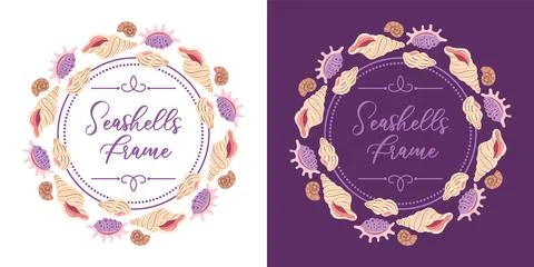 Vector illustration featuring round frames made of various seashells, set a.. Stock Illustration