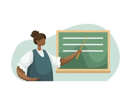 Vector illustration of a female teacher explaining the material at the blackb Stock Illustration