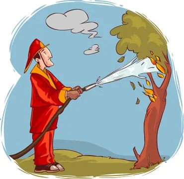 Vector illustration of a The firemen extinguished the burning tree water Illustrazione stock