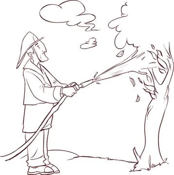 Vector illustration of a The firemen extinguished the burning tree water Stock Illustration