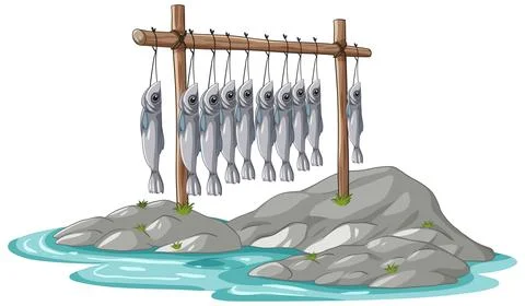 Vector Illustration of Fish Drying on a Wooden Rack Over Rocks Ilustração Stock