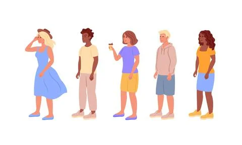 Vector illustration of five diverse people standing in a row, each with uni.. Stock Illustration