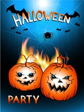 Vector illustration with flame, pumpkins head and text Halloween Party. Stockillustratie