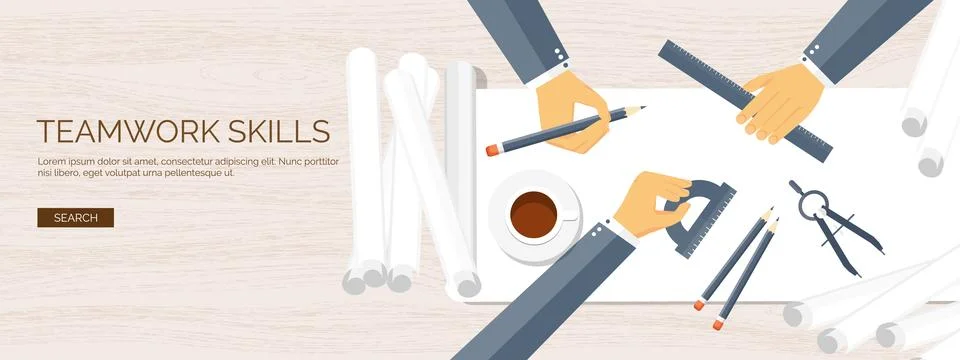 Vector illustration. Flat architectural project. Teamwork. Building planning and Ilustración de archivo