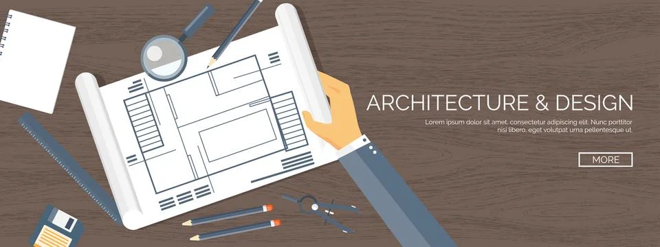 Vector illustration. Flat architectural project. Teamwork. Building planning and 스톡 일러스트