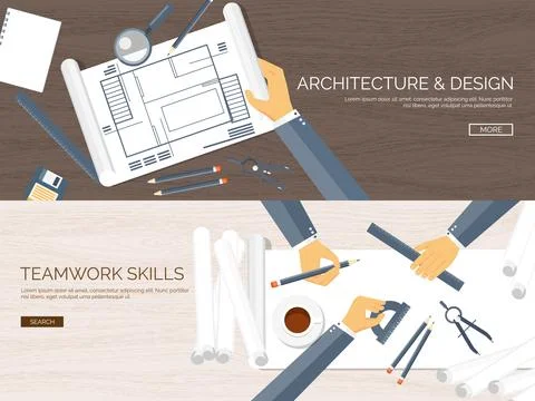 Vector illustration. Flat architectural project. Teamwork. Building planning and Stock Illustration
