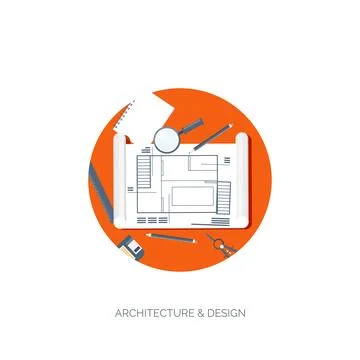 Vector illustration. Flat architectural project. Teamwork. Building planning Stock Illustration