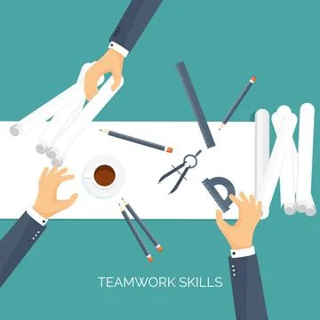 Vector illustration. Flat architectural project. Teamwork building and planning Stock Illustration