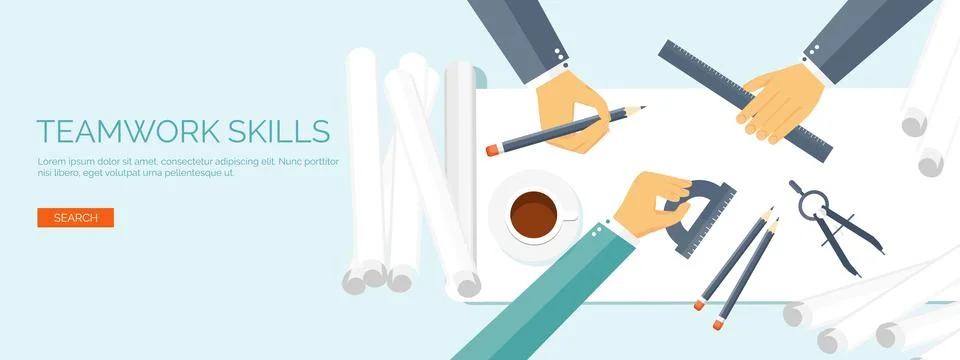 Vector illustration. Flat architectural project. Teamwork. Building, planning Stock Illustration