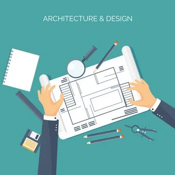 Vector illustration. Flat architectural project. Teamwork building and planning Stock Illustration