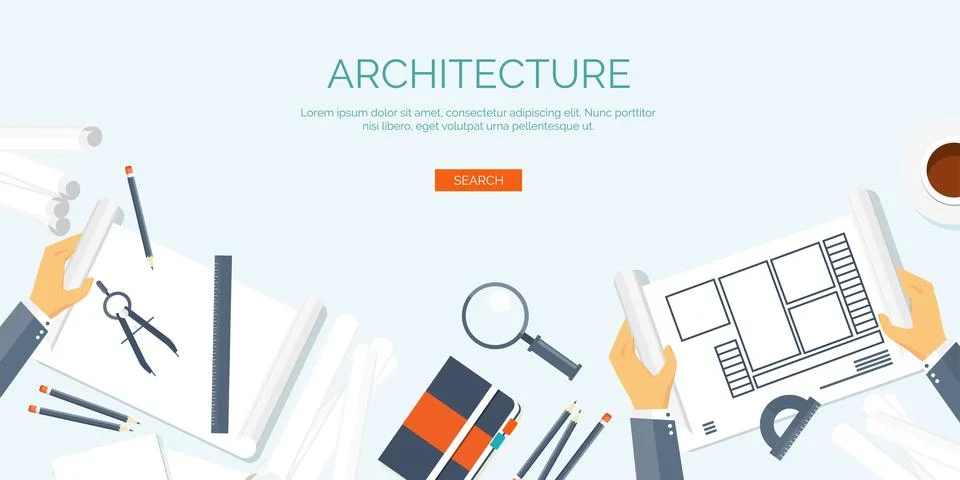 Vector illustration. Flat architectural project. Teamwork building and planning Ilustración de archivo