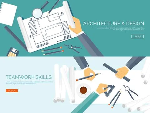 Vector illustration. Flat architectural project. Teamwork. Building, planning Stock Illustration
