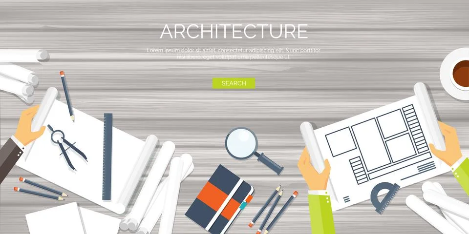 Vector illustration. Flat architectural project. Teamwork building and planning Ilustración de archivo