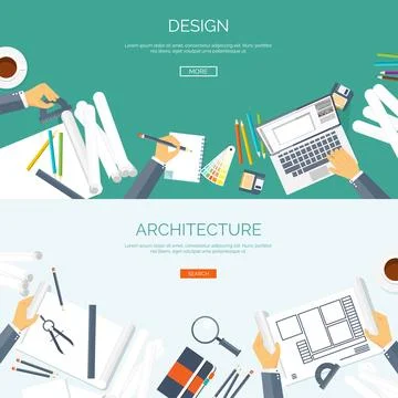 Vector illustration. Flat architectural project. Teamwork building and planning 스톡 일러스트