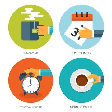 Vector illustration. Flat background with, alarm, morning tea or coffee Stock Illustration