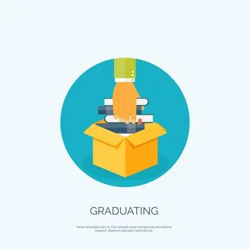 Vector illustration. Flat background with books in box. Graduating. Univercity Stock Illustration