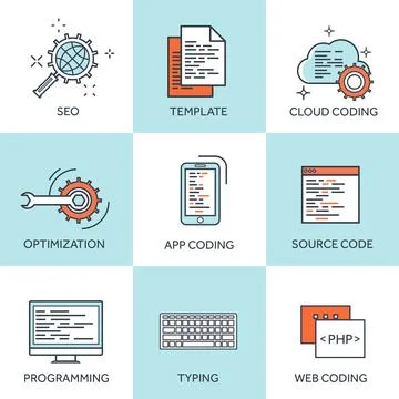 Vector illustration. Flat background. Coding programming SEO. Search engine Illustrazione stock