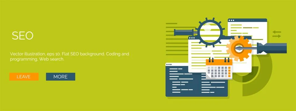 Vector illustration. Flat background. Coding, programming. SEO. Search engine Stockillustratie