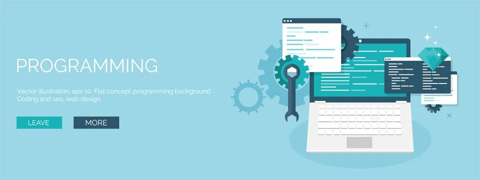 Vector illustration. Flat background. Coding, programming. SEO. Search engine Stock-Illustration