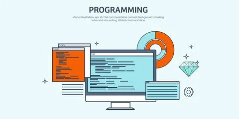 Vector illustration. Flat background. Coding, programming. SEO. Search engine Stockillustratie