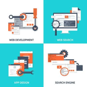Vector illustration. Flat background. Coding, programming. SEO. Search engine Stock Illustration