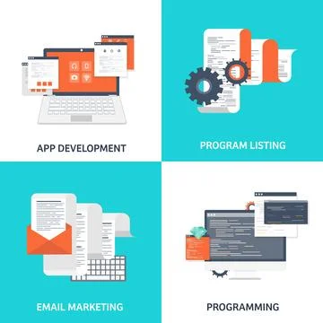 Vector illustration. Flat background. Coding, programming. SEO. Search engine Illustrazione stock