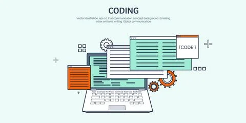 Vector illustration. Flat background. Coding, programming. SEO. Search engine Stock-Illustration