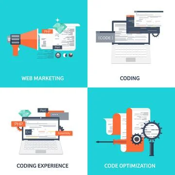 Vector illustration. Flat background. Coding, programming. SEO. Search engine Illustrazione stock