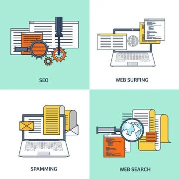 Vector illustration. Flat background. Coding, programming. SEO. Search engine Illustrazione stock