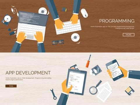 Vector illustration. Flat background. Coding programming SEO. Search engine Stock-Illustration