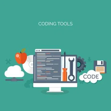 Vector illustration. Flat background. Coding programming and SEO. Search engine Stock Illustration