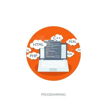 Vector illustration. Flat background. Coding programming SEO. Search engine Stock-Illustration