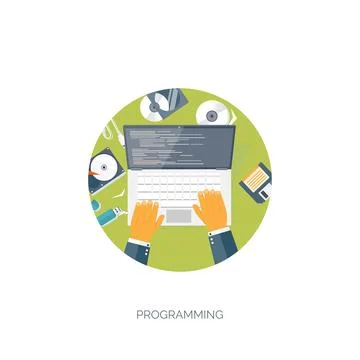 Vector illustration. Flat background. Coding programming SEO. Search engine Stock-Illustration