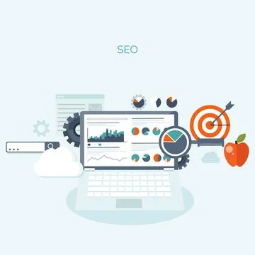 Vector illustration. Flat background. Coding programming and SEO. Search engine Illustrazione stock