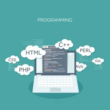 Vector illustration. Flat background. Coding programming and SEO. Search engine Stock Illustration