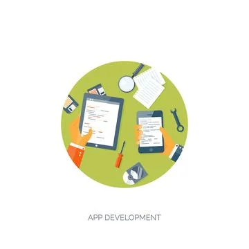 Vector illustration. Flat background. Coding programming SEO. Search engine Stock Illustration