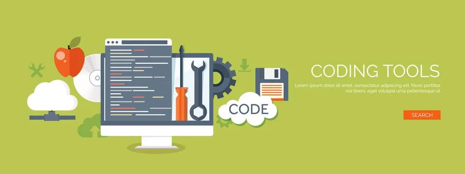 Vector illustration. Flat background. Coding programming SEO. Search engine Stock Illustration