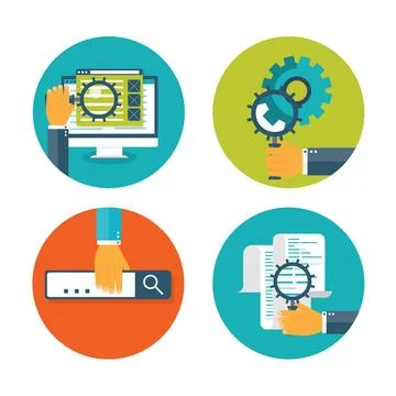 Vector illustration. Flat background. Coding programming SEO. Search engine Stockillustratie