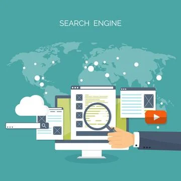Vector illustration. Flat background. Coding programming and SEO. Search engine Illustrazione stock